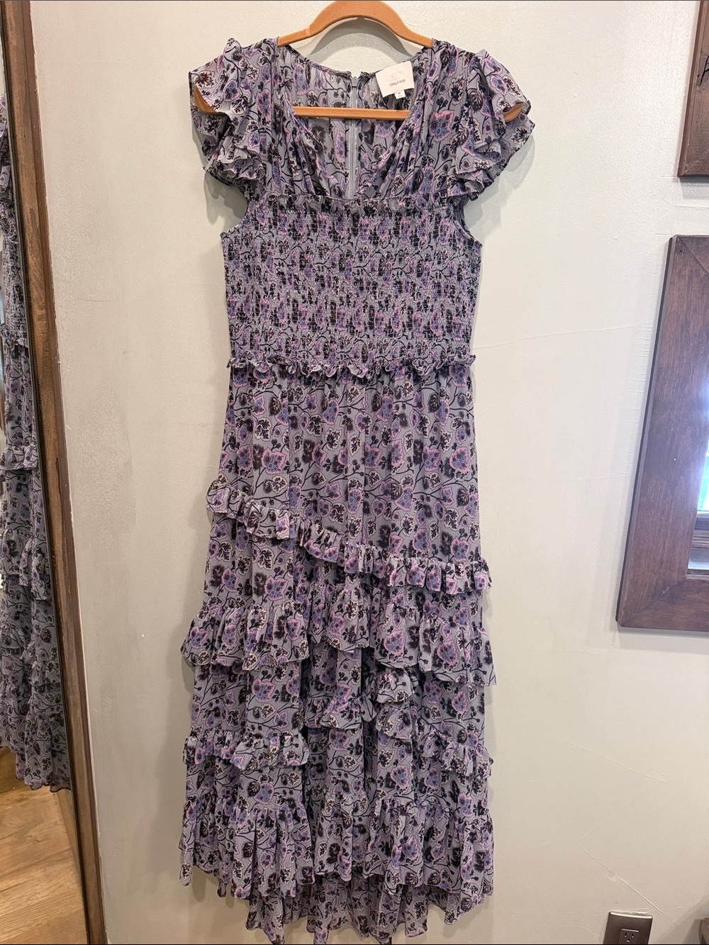 cinq a sept Lavender Floral Ruffle Maxi Dress